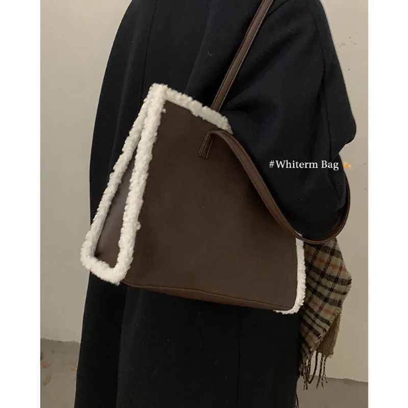 

Light Luxury Vintage Tote Bag Autumn Winter Large Capacity PU Plush Bags Female 2023 New Fashion Single Shoulder Commuter Pack