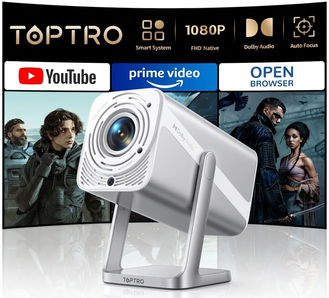 TOPTRO TP1 Projector 4K Netflix Officially 1080P 800ANSI Auto Focus Support WIFI6 Mini Portable Projector For Home Movie Theater