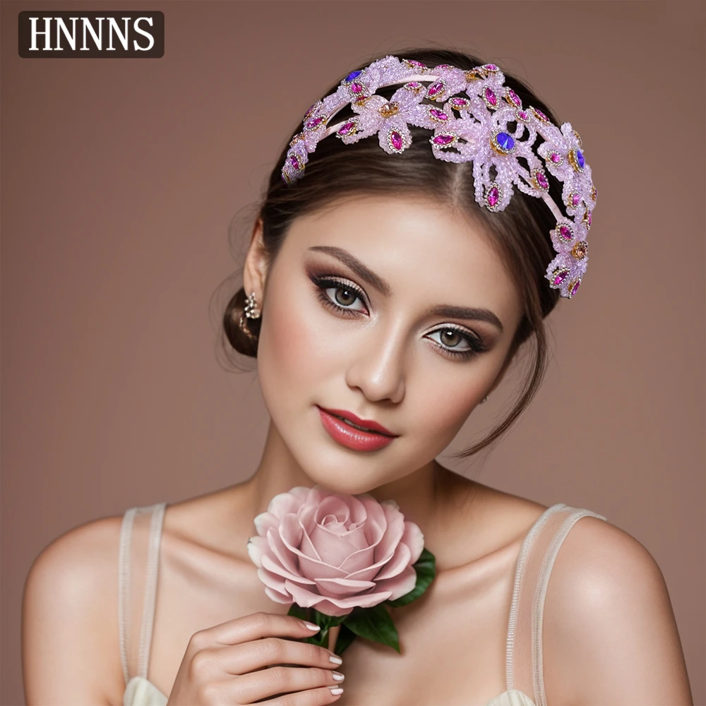 

HNNNS Korean Pink Crystal Hairband Beaded Flower Cute Headband Bridal Headdress Crown Ladies Rhinestone Hair Accessories A166