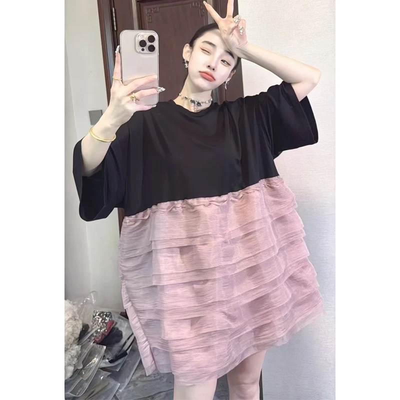 2025 Summer New Elegant Women Loose Mesh T-shirts Short Dresses Female Short Sleeve Dress Wholesale J2004