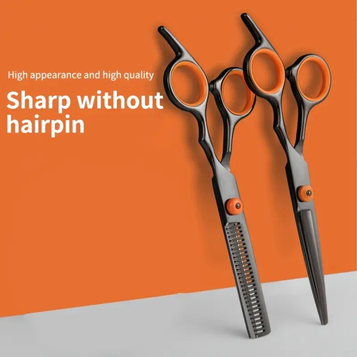 High-Quality Professional Black Orange Barber Scissors with Flat Cutting Teeth for Precision Hair Cutting - Thin Cutting Set of 