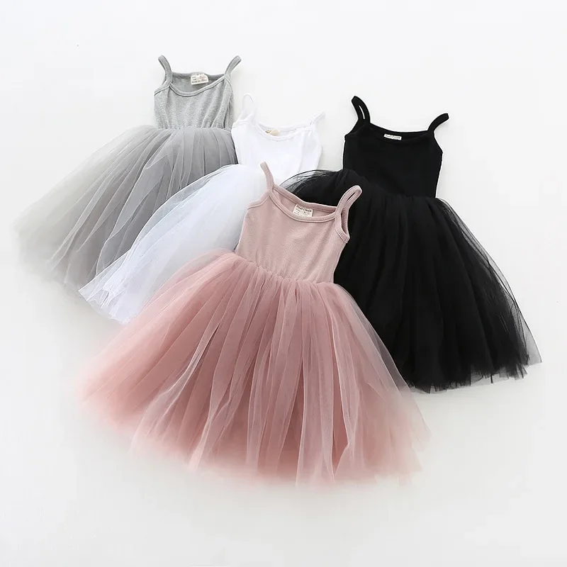 2024 Summer New Girls Soild Color Suspended Dress Princess Birthday Party Vestidos Sleeveless Tulle Children Beach Clothing