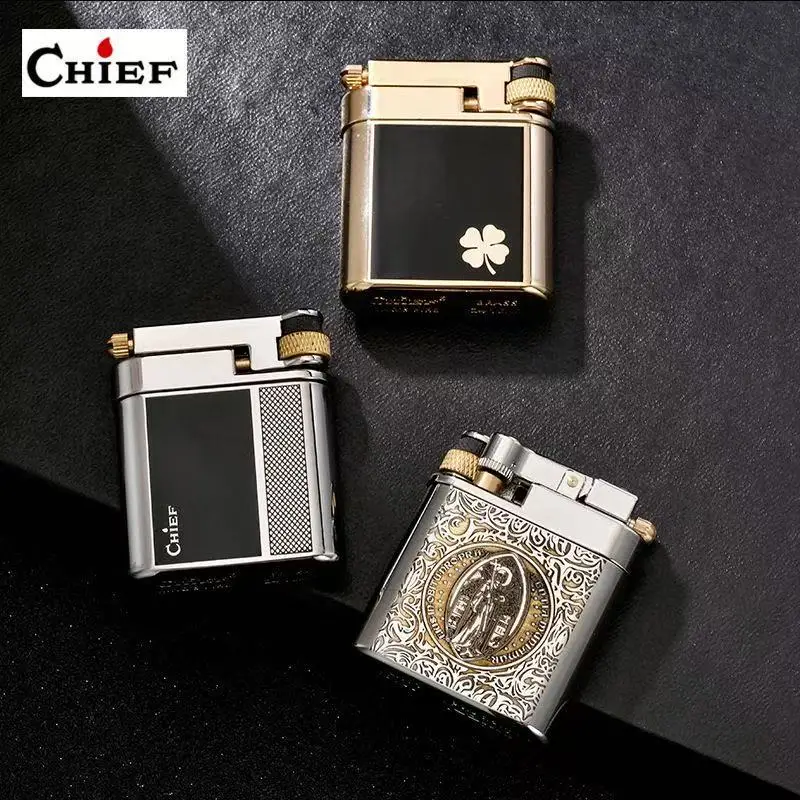 Chief Brass Lighter Creative Slide Ignition Metal Gasoline Lighter Refuelable Vintage Classic Lighter