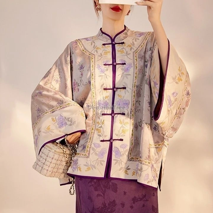 

2025 new chinese improved qing dynasty style printed hanfu top for women loose and retro big sleeve stand collar hanfu blouse