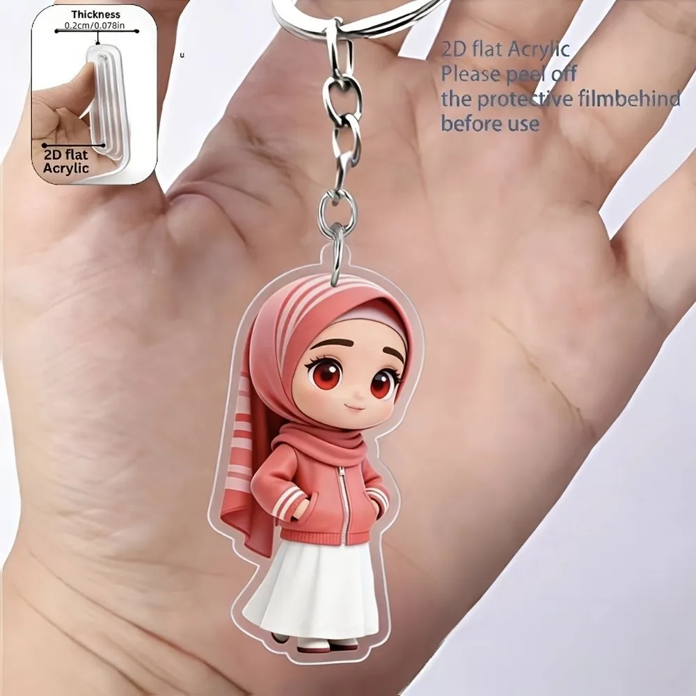 Acrylic Material Hijab Girl Keychain Lightweight Small 2D Flat Design Keyring Cute Style Backpack Decorations