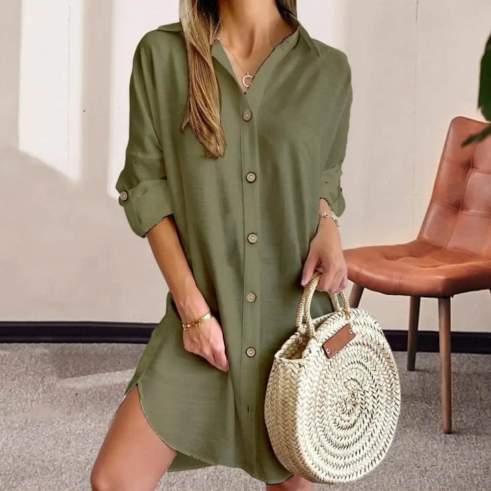 

Women Mini Dress Elegant Single-breasted Women's Dress with Split Hem Cufflink Buttons Above Knee Length Solid Color for Fall