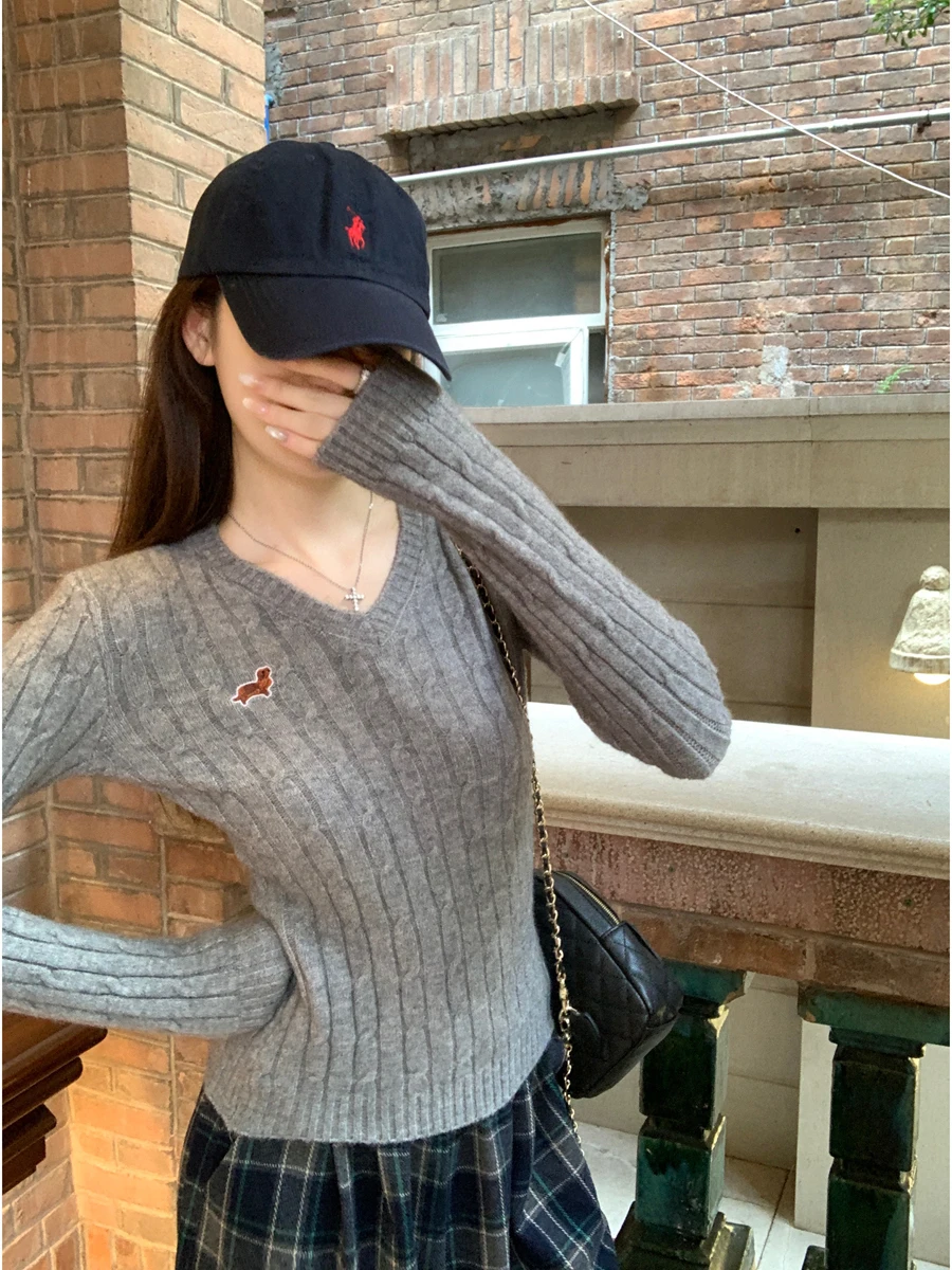 Maglione ricamato coreano Sle V-Ne da donna Autunno Inverno Slim Fit Morbido e accogliente Top lavorato a maglia Faion Design Pendolarismo Sle