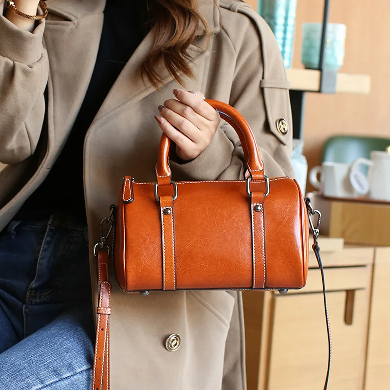 Cowhide Genuine Leather Classic Female Boston Bag Large Capacity Women Split Messenger Bags Lady's Commute Solid Color Handbag