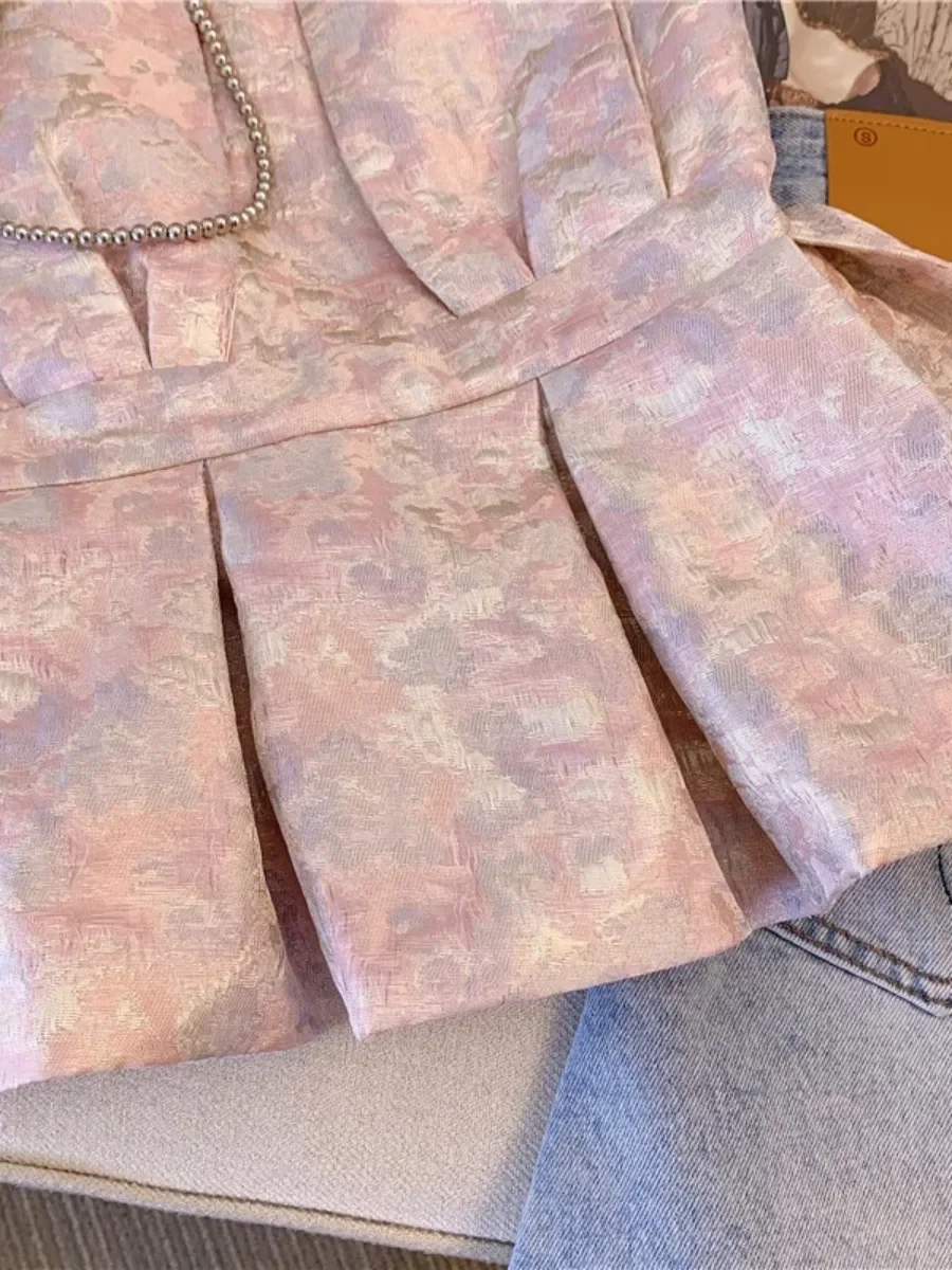 Foamlina Frans ontwerp geplooid olieverfschilderij print bandeau top dames zomer 2025, nieuwe cinched taille uniek heet meisje vest camis