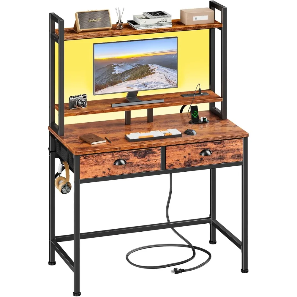 

Small Computer Desk with Drawers, 36 Inch Home Office Desks with Power Outlet and LED Light, Gaming Desk with Monitor Stand, Mo