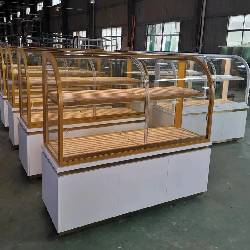 Bread cabinet new high-end titanium-plated stainless steel arc-shaped  cake model cabinet glass display