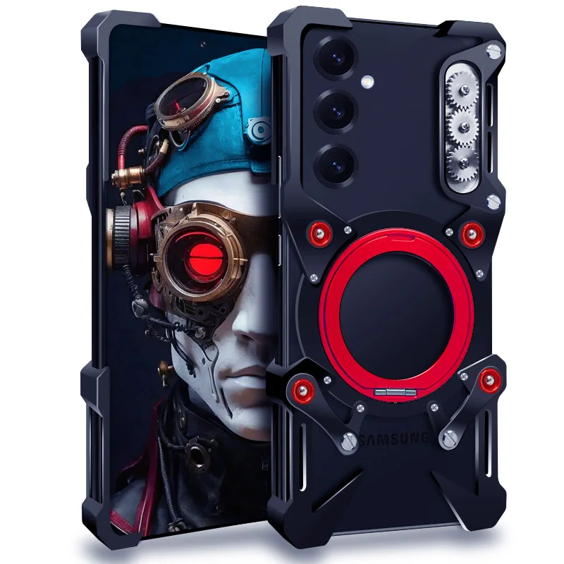 Luxury Armor Metal Aluminum Phone Case For Samsung Galaxy S26 S25 S24 S23 Ultra FE Cover Mechanical Purely Handmade Skull Bumper