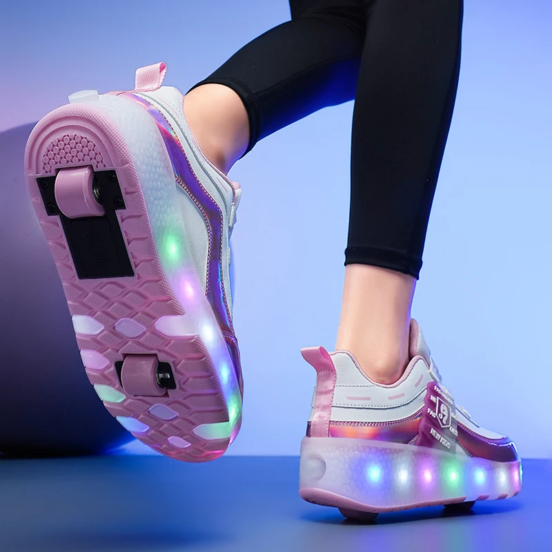 Kids Roller Skate Shoes Double Wheel Rounds Glowing Wheels Skateboard Shoes Boys Girls Outdoor Led light Glowing Roller Skates