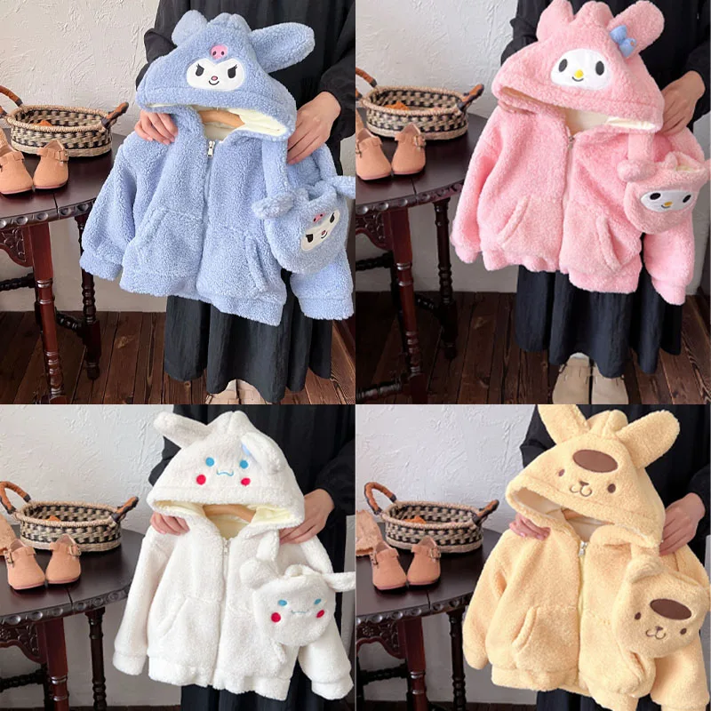 

Sanrios Children My Melody Hooded Fleece Jacket Anime Figure Winter Keep Warm Hoodie Coat for Kids Girl Cartoon Kawaii New Style