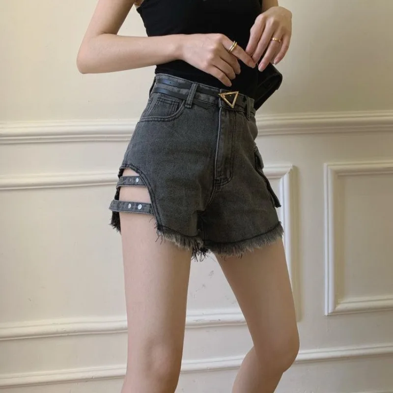 

Black Gary Denim Shorts Women 2025 New High Waist Hole Wide-leg Hot Pants