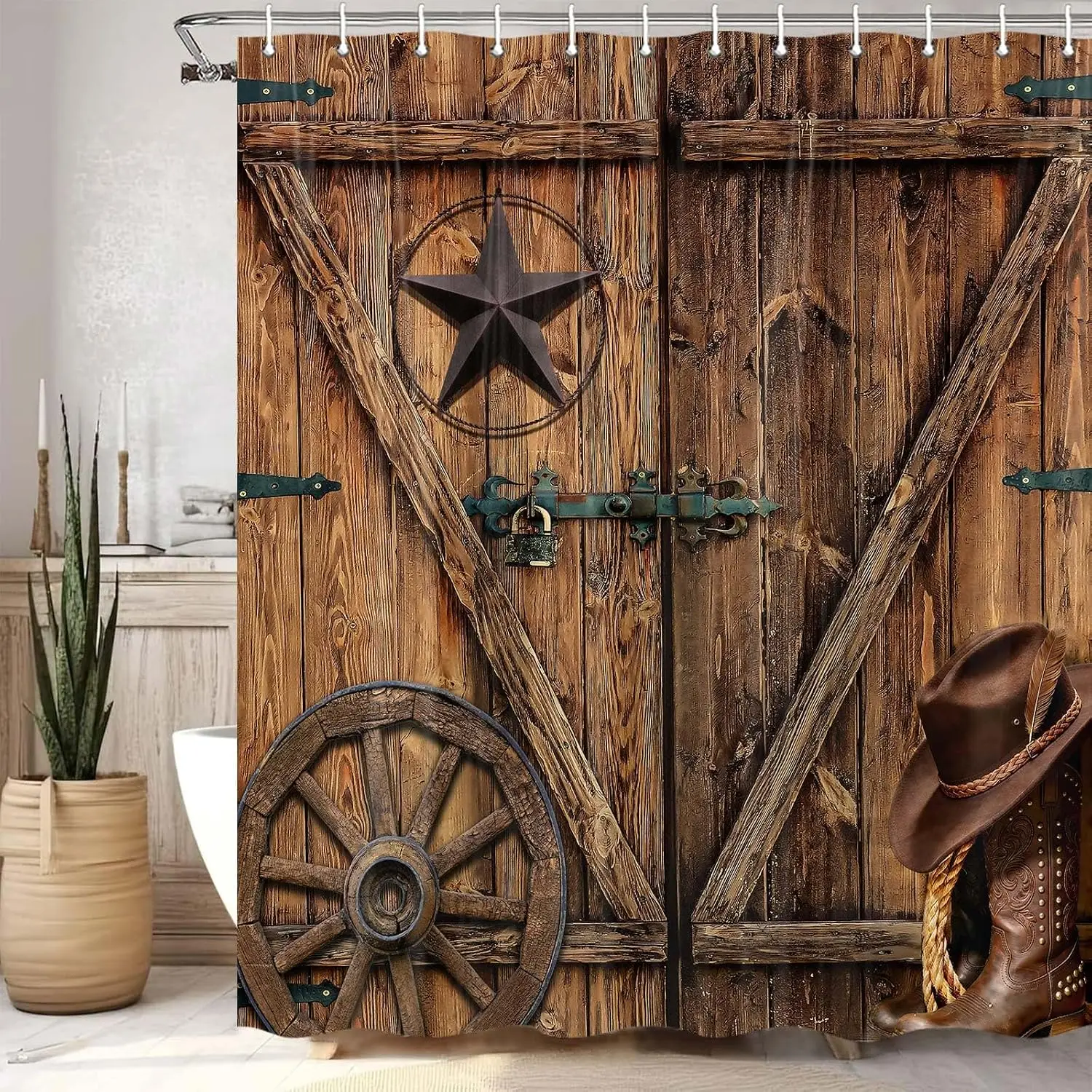 Rustic Barn Door Style Shower Curtain Wood Panel Bathroom Decor Industrial Farmhouse Cabin Shower Curtain Liner