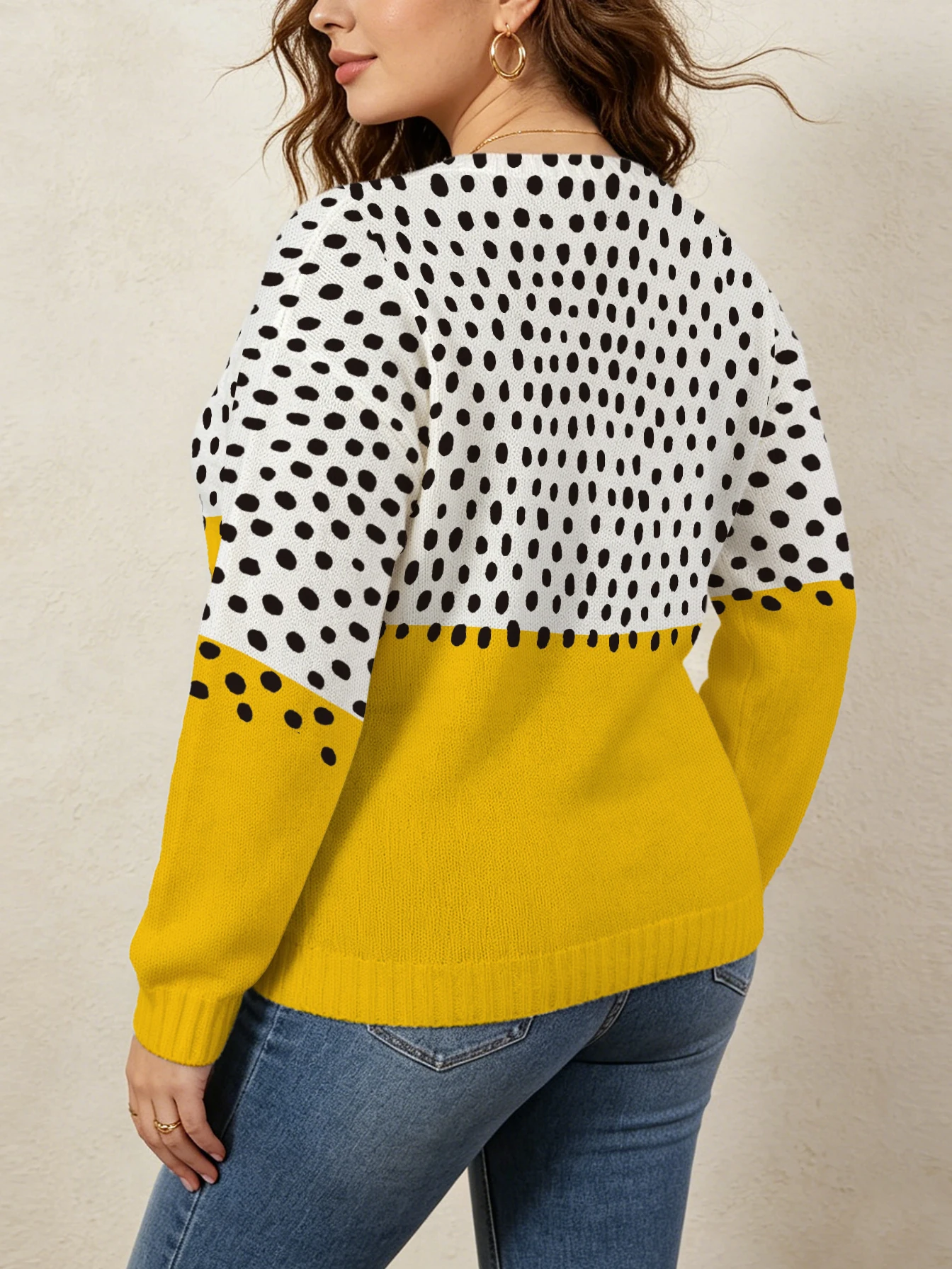 Women's Cardigan Knit Top, Thin Style for Autumn and Winter, Yellow and White Color-Blocked Polka Dot Pattern, Non-Positioned Print, American Retro Casual Style, Suitable for Everyday Casual Wear view 2