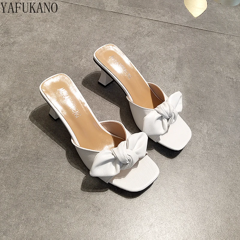 2024 Summer Butterfly-Knot High-Heeled Shoes Slippers Fashion Peep Toe Ladies Mules Elegant Female Outside Slides Sandal Shoes