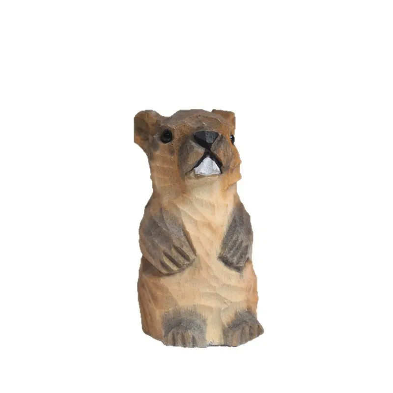 Creative Solid Wood Carved Animal Ornament Cute Marmot Simulation Model Home Toy Gift