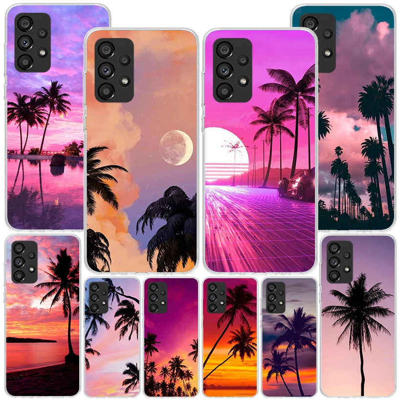 Palm Leaves Sunset Summer Scenery Phnoe Case for Samsung Galaxy A15 A55 A35 A25 A14 A54 A34 A24 A13 A53 A33 A23 A52 A12 A32 A22