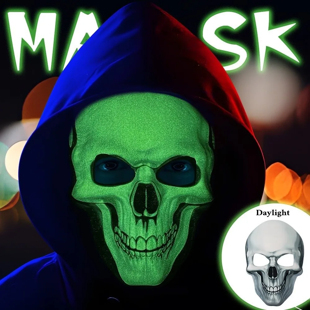 

Full Face Halloween Skeleton Mask Luminous Spooky Scary Skull Headgear Funny Easy To Wear Party Cosplay Mask