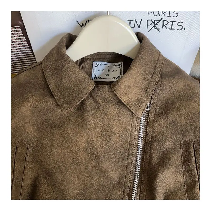 Children\'s Coats Korean Version Leather Jacket Vintage Biker Wear with Loose Lapels for Kids Baby Girl Winter Clothes