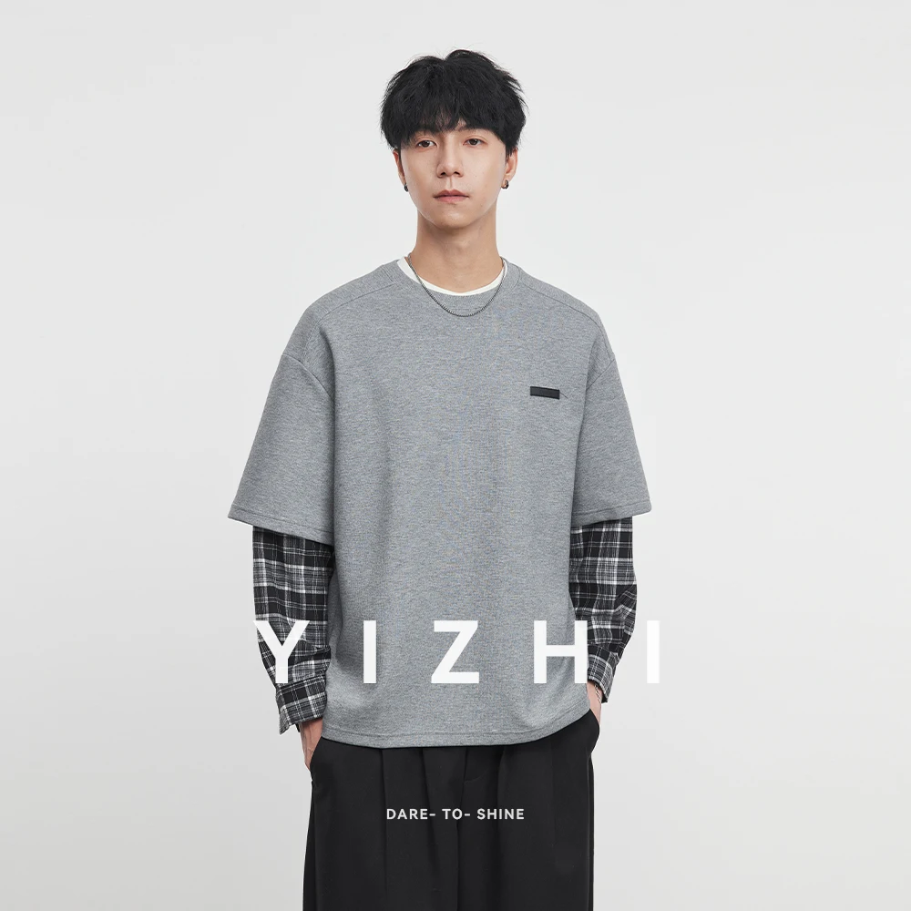 

Fashion Men's Fake Two - Piece Plaid Long Sleeve Sweatshirt 2025 Autumn Winter New Crew Neck Loose Casual Top Men Pullover