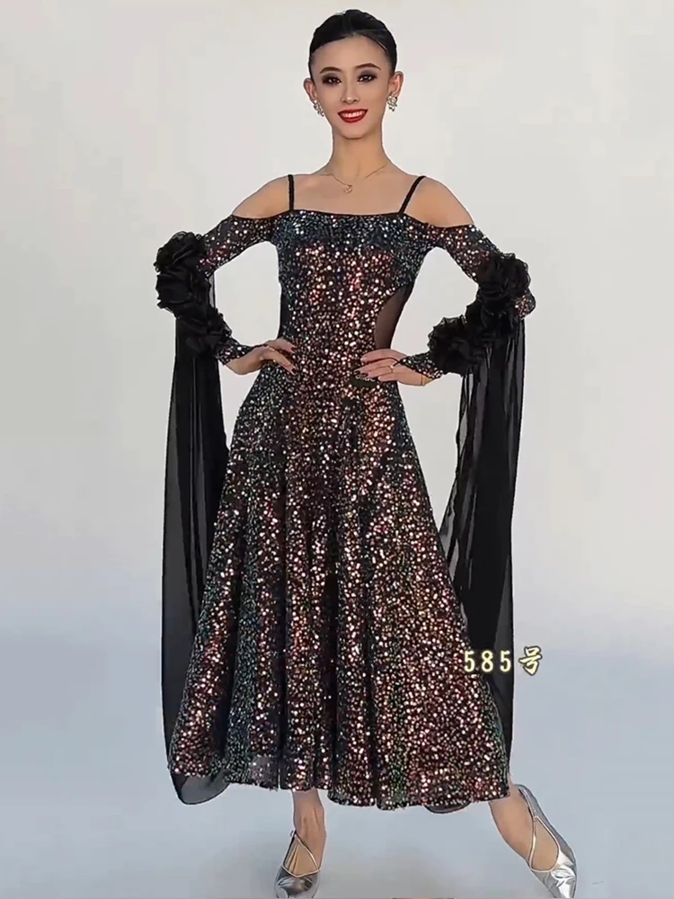 قبالة الكتف فستان قاعة الرقص المرأة بريق الفالس فستان رقص القياسية أداء الرقص الحديث زي قاعة الرقص 3140