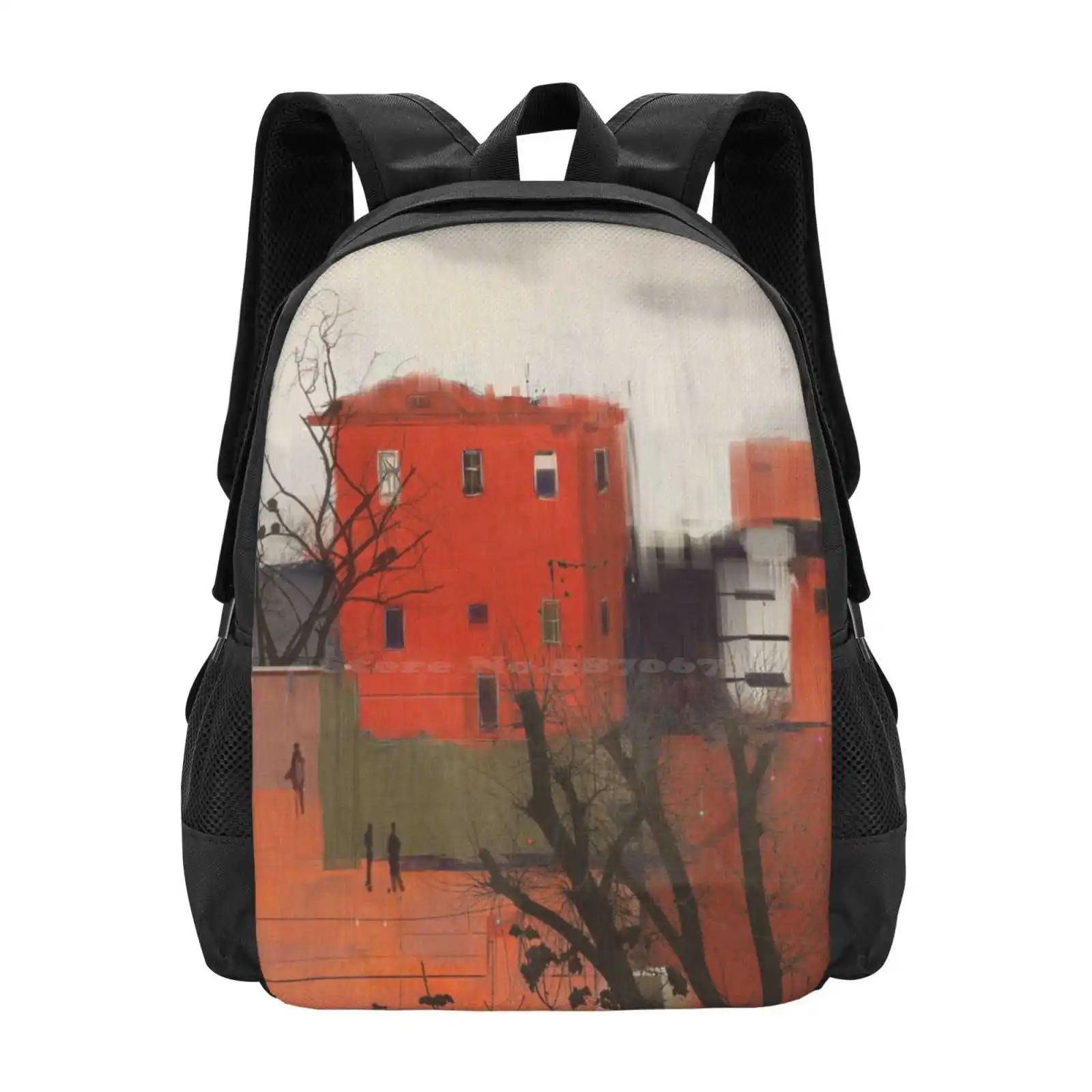 Red House Pattern Design Bag Student'S Backpack Red House Corel Painter