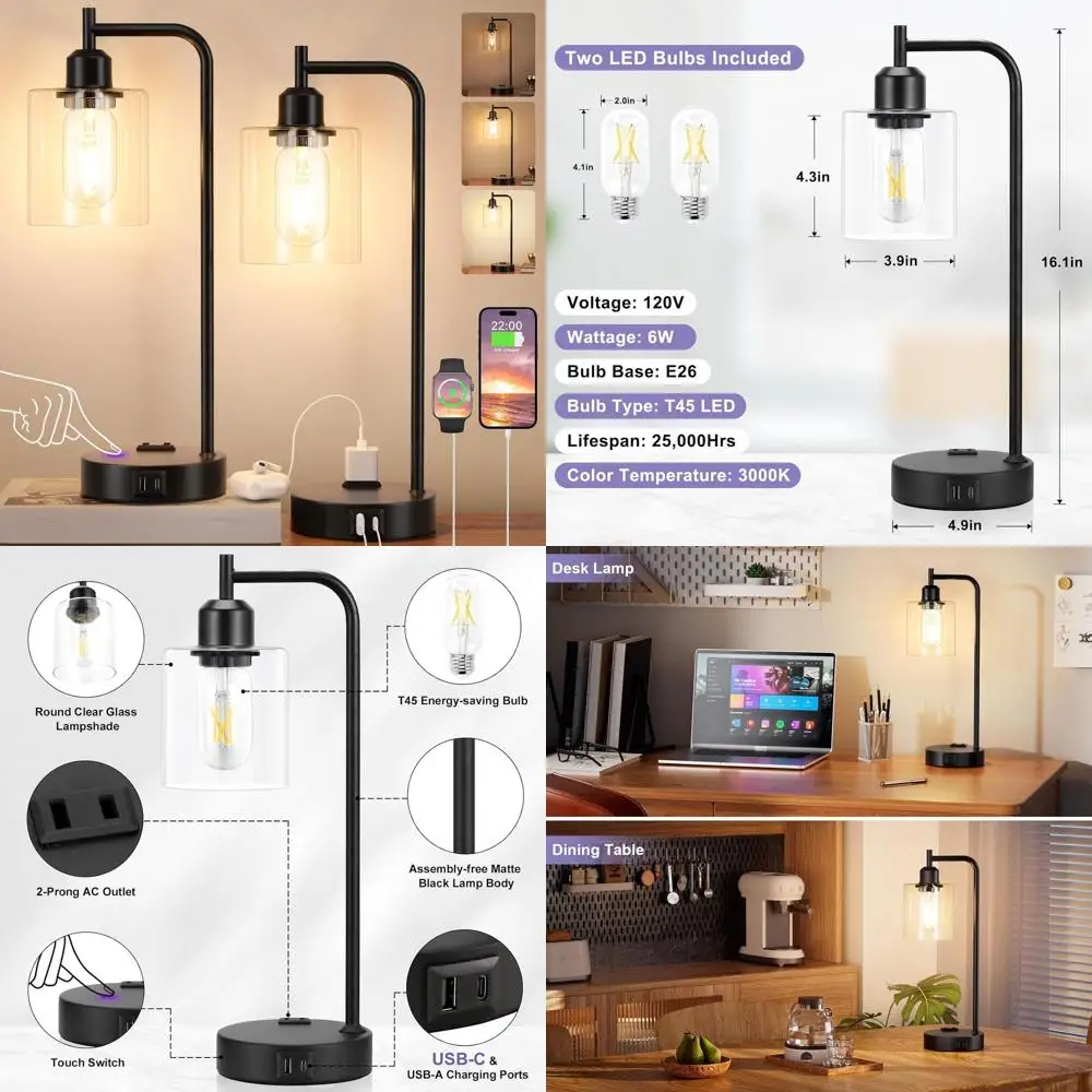 

Набор из 2-х 3-режимных сенсорных настольных ламп с регулировкой яркости, USB-портами C+A, розеткой и стеклянным плафоном для спальни, гостиной, домашнего офиса