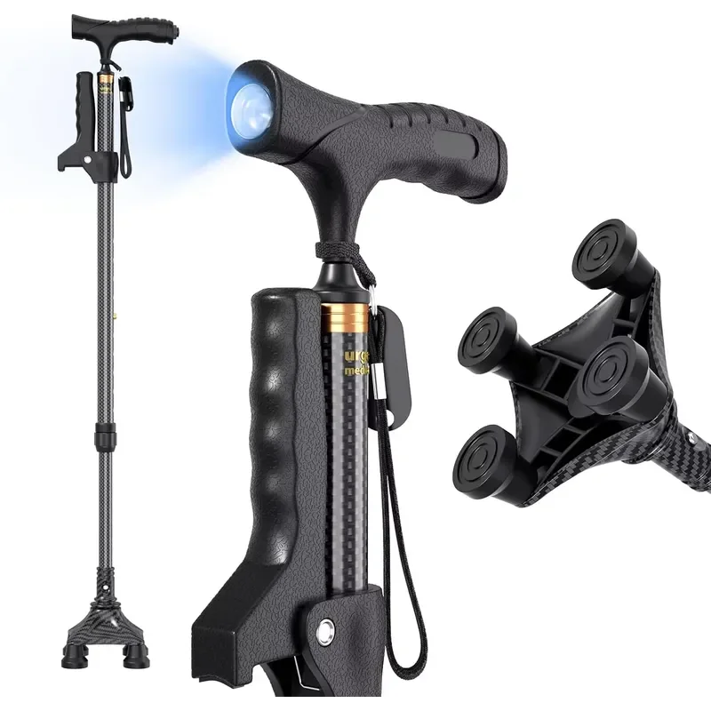 Adjustable Folding Walking Cane with 4 Claw Base Ultra Light Aluminum Alloy Stick for Elderly Stable Support High Load