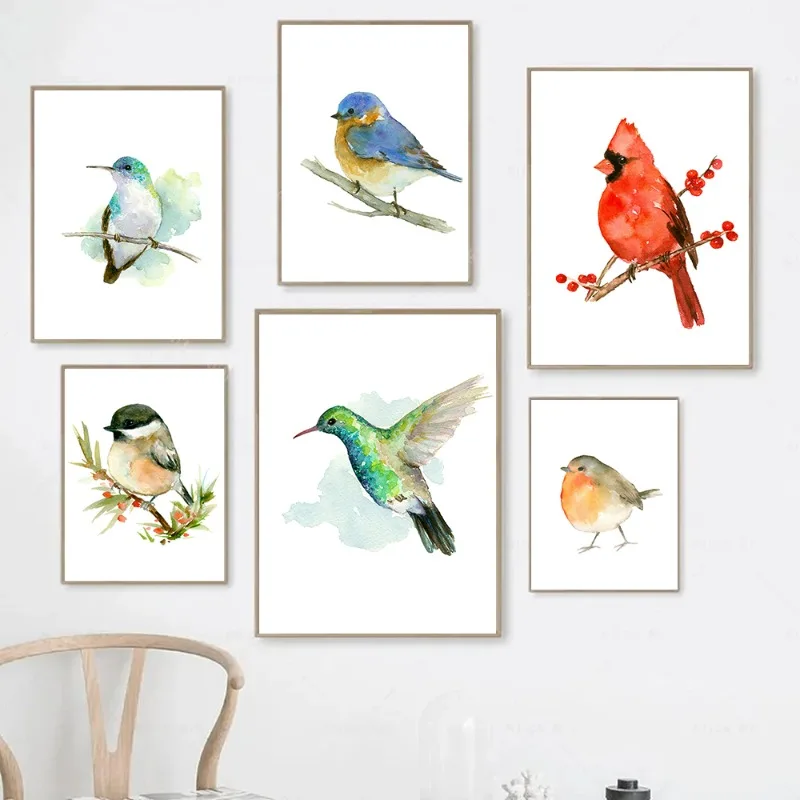 Hummingbird Cardinal Robin Bird Art Print Watercolor Painting Canvas Print Poster Vibrant Cute Birds Wall Art Kids Room Decor