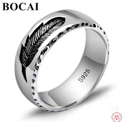 BOCAI S925 Sterling Silver Rings for Women Men New Fashion Emboss Feather Pattern Punk Jewelry Wholesale