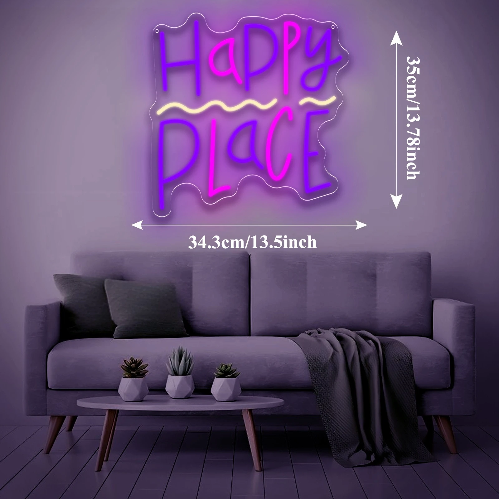 Happy Place LED Neon Sign USB Dimmable untuk Dekorasi Dinding Rumah Kamar Tidur Gadis Restoran Tempat Wisata Pertunangan Pernikahan Hotel Hadiah