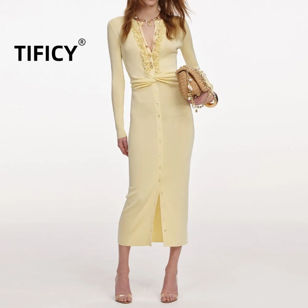 High Street Dresses Women's Spring Fragrance V-neck Lotus Leaf Edge Knitted Fashion Slim Long Sleeve Dress