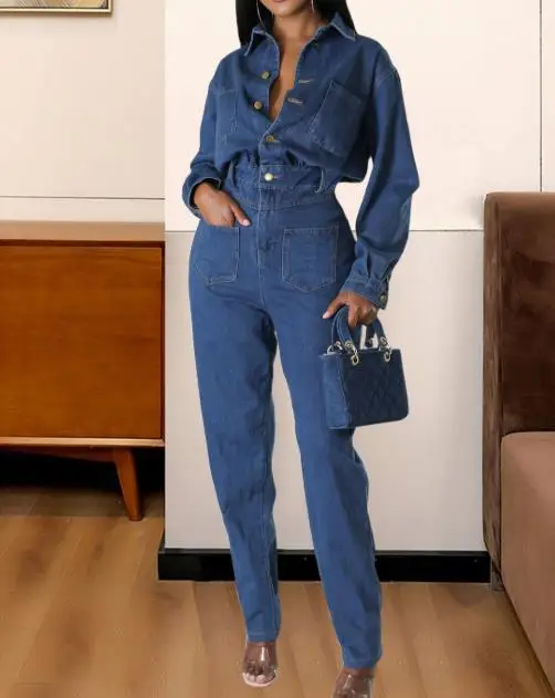 

Autumn New Retro Blue Button Front Slim Fit Small Leg Jumpsuit Women's Fashionable and Trendy Temperament Casual Denim Jumpsuit