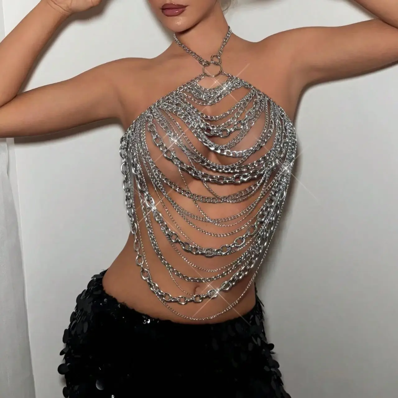 Chic Metal Chain Tassel Women Tank Top Sexy Hollow Out See Through Backless Halter Neck Crop Top Rave Party Club Camisole
