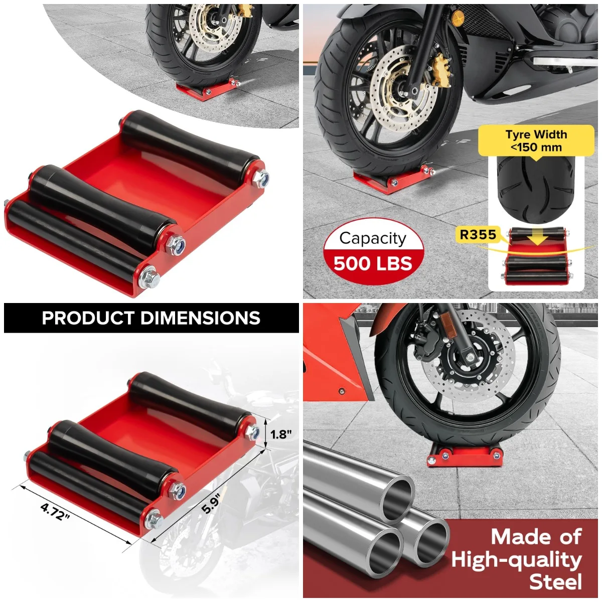 

Motorcycle Wheel Cleaning Stand, Roller Stand for Tire Cleaning & Chain Lubrication, Universal Paddock Stand (Up to 500 LB, Tyre