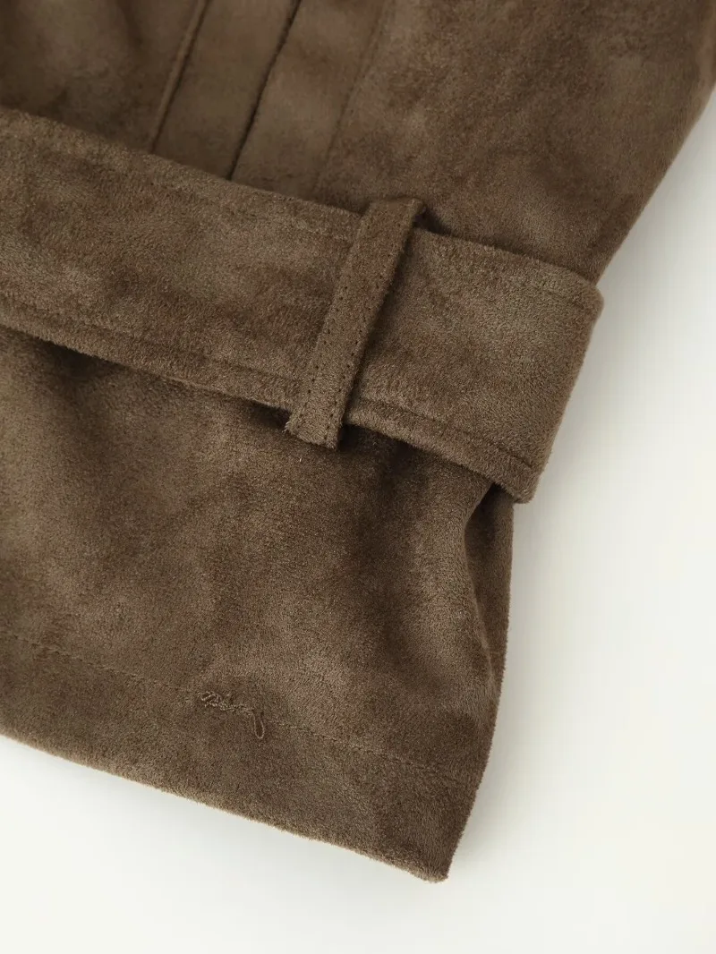 Damen-Weste aus Wildlederimitat, ärmellos, doppelreihig, mit selbstbindendem Gürtel, hohem Kragen, Taschen, Schulterklappen, Oberbekleidung, Top 2026 – Detail 5