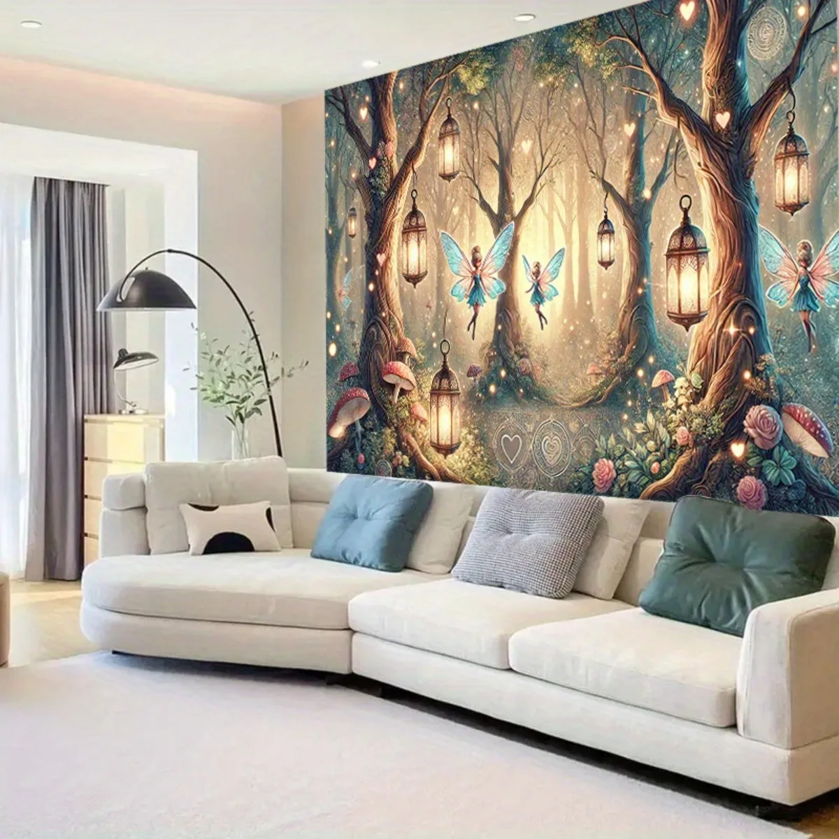 Fantasy Fairy Tapestry, Mystic Forest Fairies, Hanging Lantern, Giant Tree Rose Mushroom Wall Tapestry for Indoor Home Decor