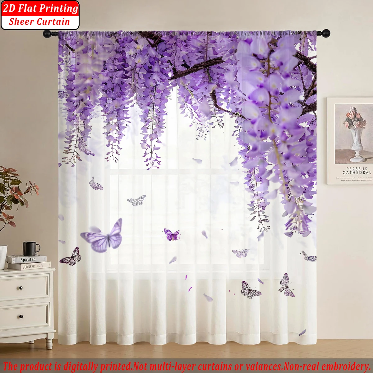 Lila Glyzinien-Blumen-Schmetterlings-Flachdruck-Vorhang, heller Stoff, für Wohnzimmer, Schlafzimmer, Zuhause, Tür und Fensterdekoration