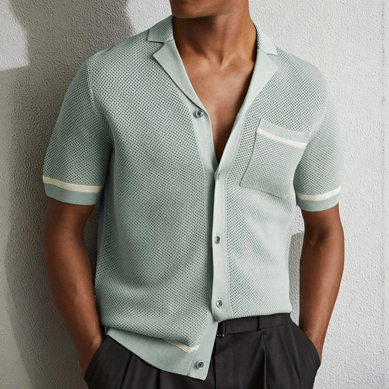 Summer New Trend Men Fashion Polo Shirt Light Luxury Hollow Out Knitted T-shirt American Style Casual Short Sleeve Cardigan Tops