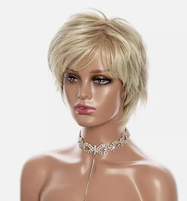 Short Blonde  Daily Wig Layered Synthetic Bangs Hair Wigs for Women