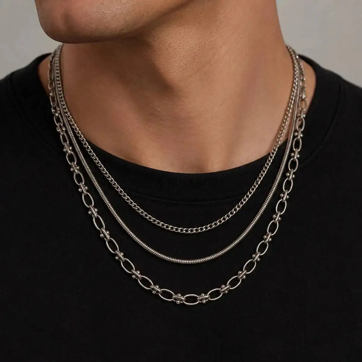 SHIXIN 3Pcs Punk Simple Silver Color Stainless Steel Choker Necklace Men HipHop Cuban Chain Snake Bone Chains Waterproof Jewelry