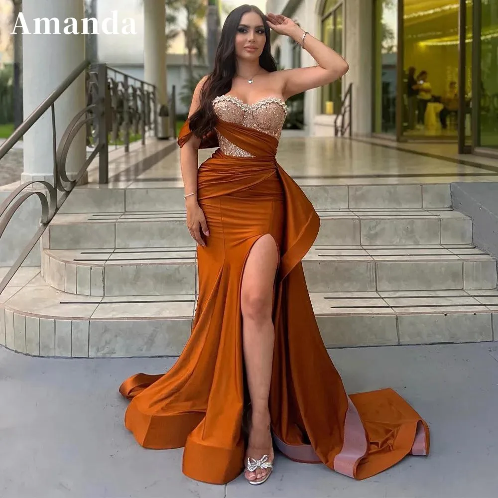 Amanda-vestido de noche de satén sin tirantes para mujer, traje elegante de sirena, sin mangas, con purpurina, hasta el suelo, Formal, 2024