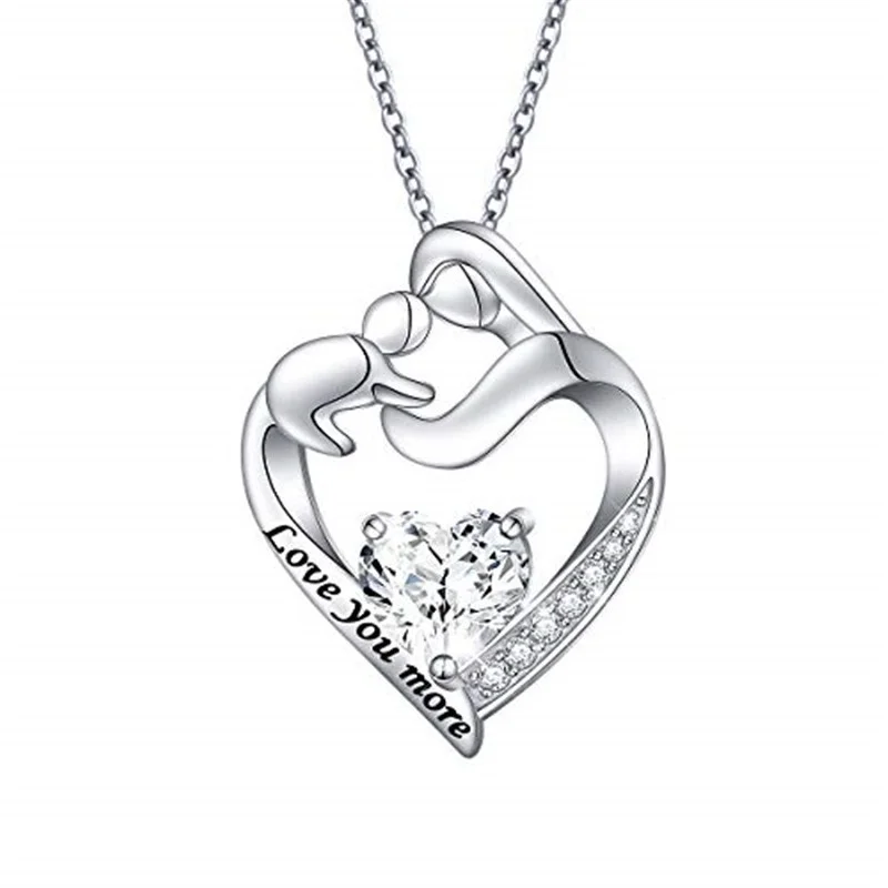 Fashion Silver Mother and Child White Zircon Heart Pendant Necklace for Mum Gift