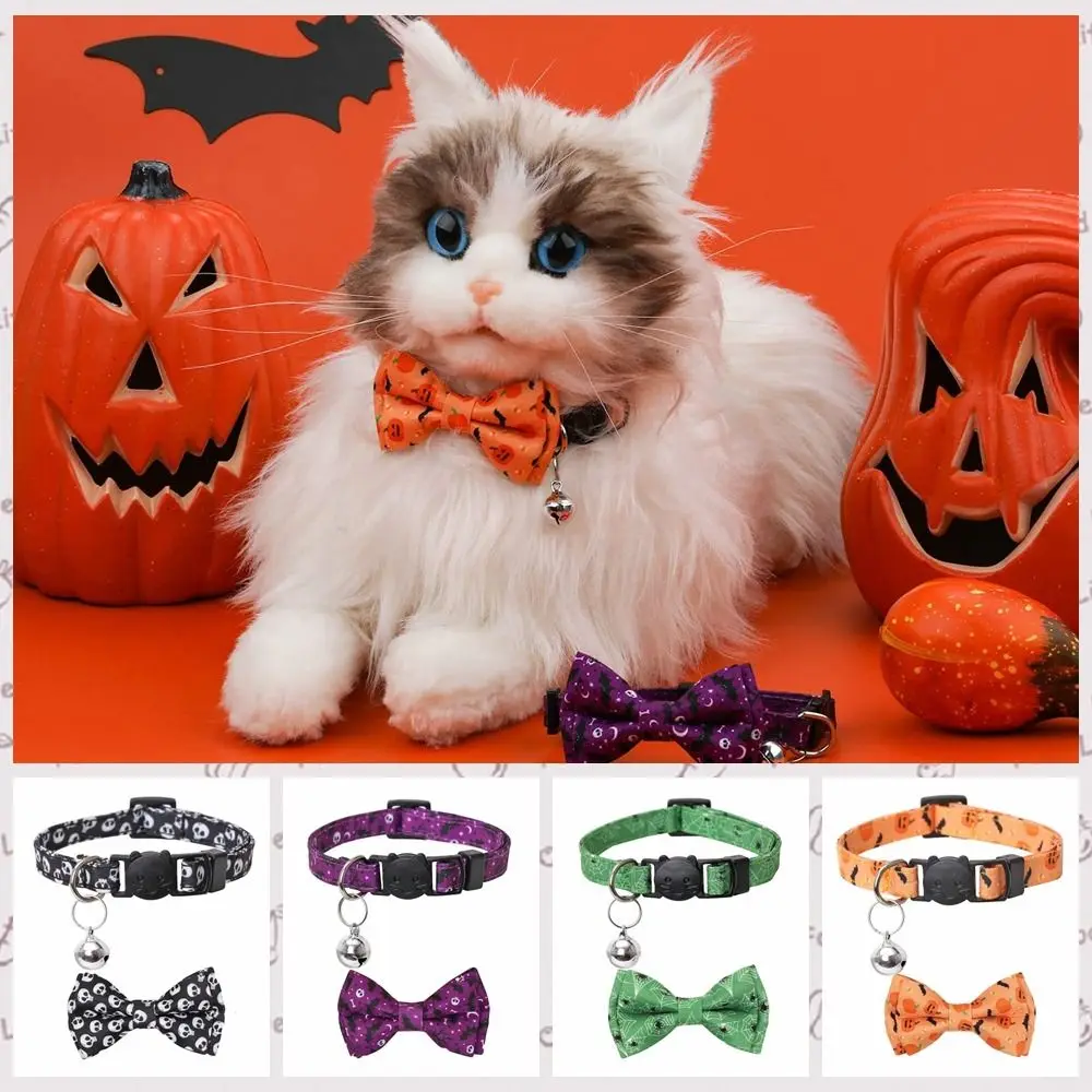 

With Bell Halloween Cat Collar Bowknot Adjustable Pumpkin Puppy Necklace with Bell Removable Cotton Polyester Cat Bow Tie
