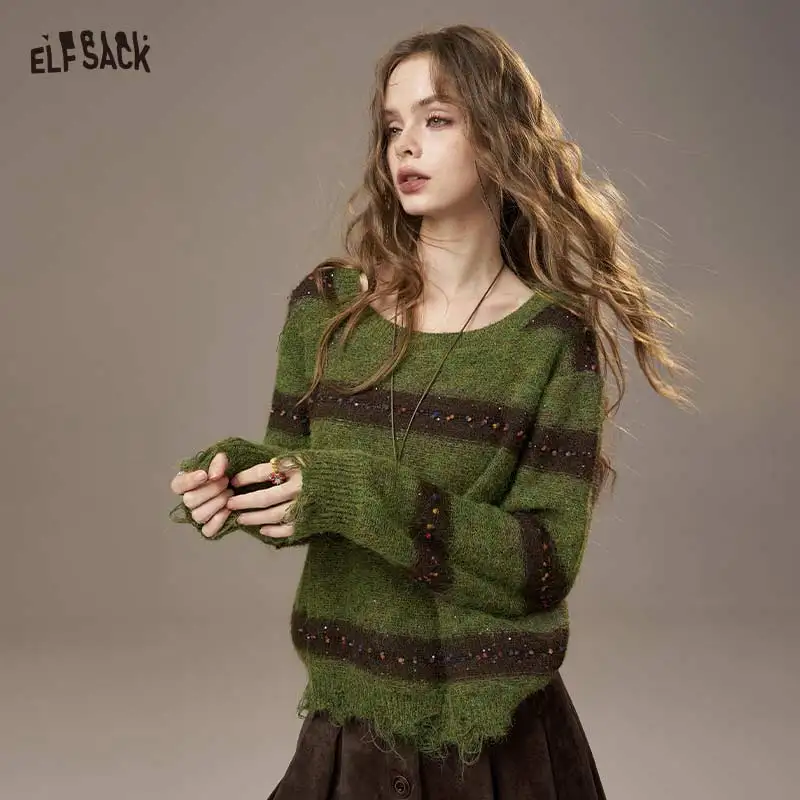 

ELFSACK 2025 Autumn New Arrivals Cute Casual Knit Color Accent V Neck Loose Cardigan Sweater For Woman