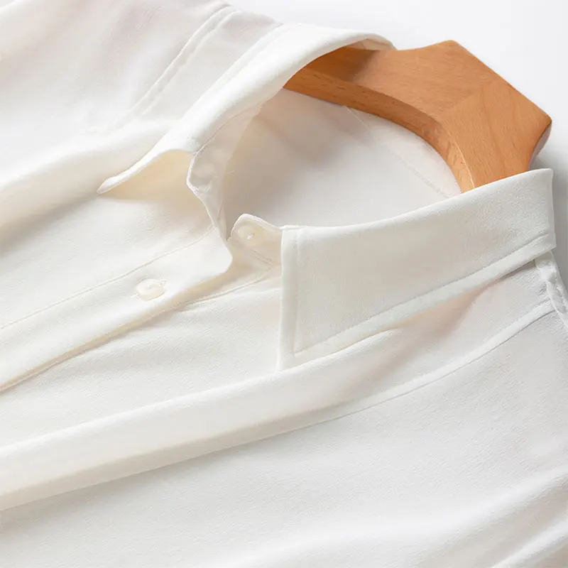 Women Silk Shirt 100% Mulberry Crepe Silk Solid White Lantern Sleeve Bow-tie Bottom Loose Type Top Blouse Office Lady Work MM898