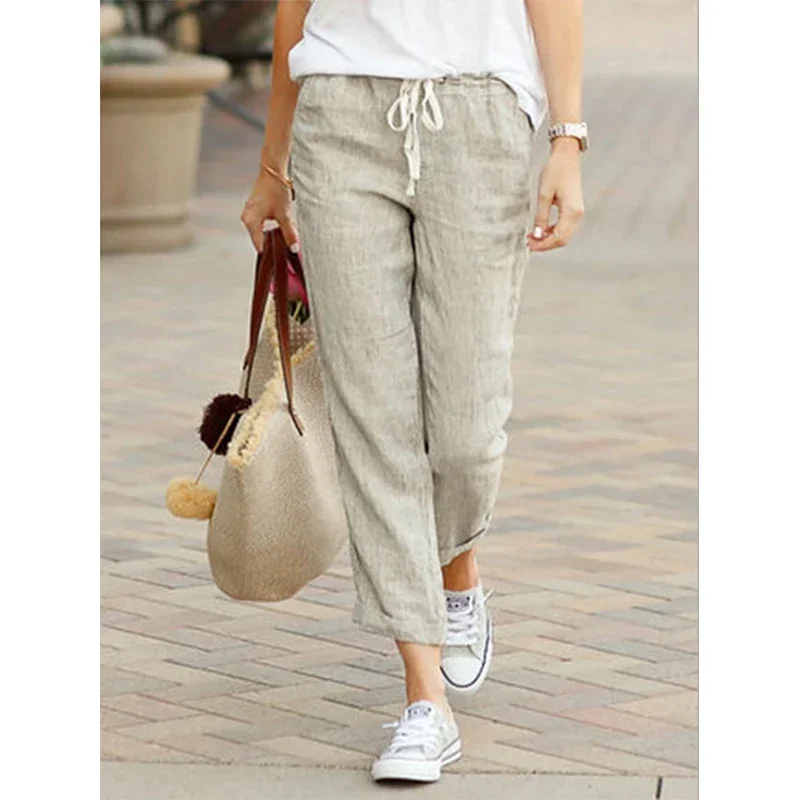 TUSHANGGE Solid Color Drawstring Elastic Waist Women Long Pants Plus Size Pockets All-Match Comfortable Straight Lady Trousers